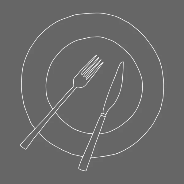 白い手描きの輪郭線灰色の背景に隔離された食器類の平らなベクトル図 — ストックベクタ