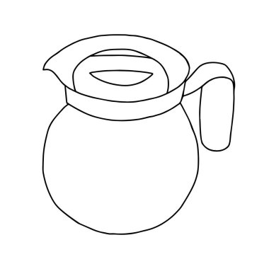 Beyaz arka planda soyut desenli bir kil çaydanlık ve çay için sıcak su çizimi.