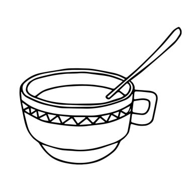 Siyah bir el, beyaz arka planda izole edilmiş kaşık ve sıcak çay ya da kahve ile bir fincanın resimlerini çiziyor. Süs