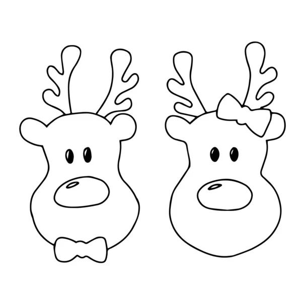 Contorno Preto Desenho Mão Vetor Ilustração Par Veados Para Natal — Vetor de Stock
