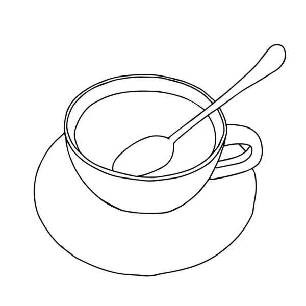 Черная Рука Рисунок Чашки Ложкой Горячий Чай Кофе Изолированы Белом — стоковый вектор