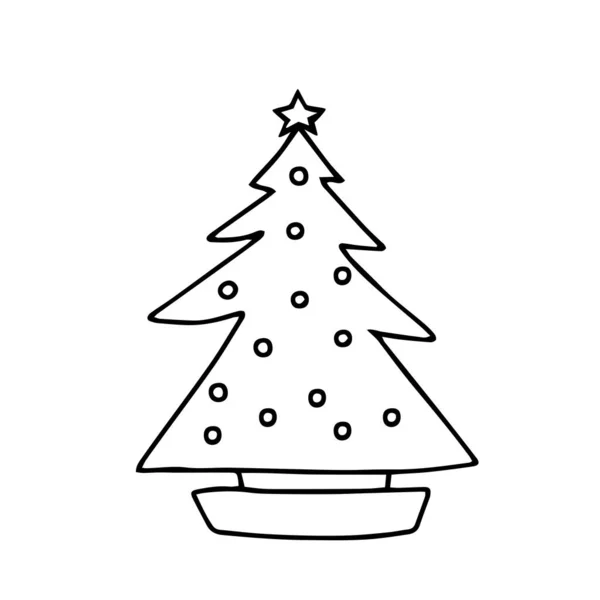白い背景に切り取られたクリスマスモミの木の黒いアウトラインの手描きベクトルイラスト — ストックベクタ