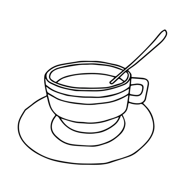 Černá Ruka Kreslení Ilustrace Šálku Lžičkou Horký Čaj Nebo Kávu — Stockový vektor