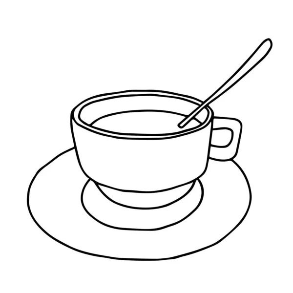Černá Ruka Kreslení Ilustrace Šálku Lžičkou Horký Čaj Nebo Kávu — Stockový vektor