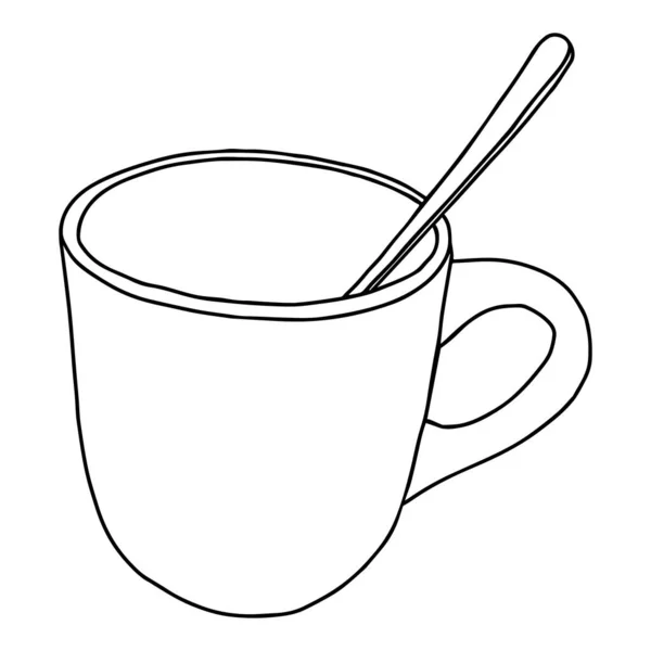 Eine Schwarze Handzeichnung Illustriert Eine Tasse Mit Einem Löffel Und — Stockvektor