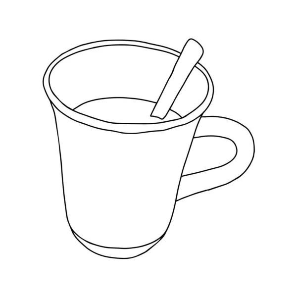 白を基調としたスプーンやホットティーやコーヒーの入ったカップの黒手描きイラスト — ストックベクタ