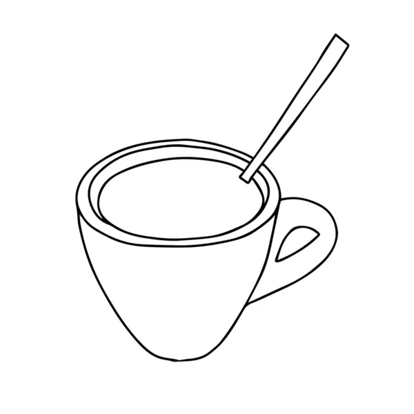 Eine Schwarze Handzeichnung Illustriert Eine Tasse Mit Einem Löffel Und — Stockvektor