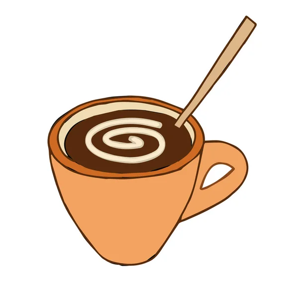 Brown Hand Drawing Outline Vector Illustration Cup Cappuccino Stirred Spiral — Stock Vector