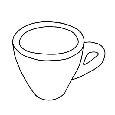 Siyah beyaz bir el, beyaz arka planda izole edilmiş sıcak çay ya da kahve için bir fincanın ana hatlarını çiziyor.