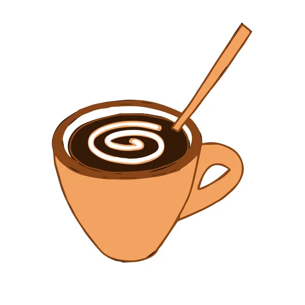Brown Hand Drawing Outline Vector Illustration Cup Cappuccino Stirred Spiral — Stock Vector
