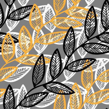 Siyah beyaz ve sarı karalamaların vektör çizimi gri bir arkaplanda izole edilmiş, kusursuz çapraz desen