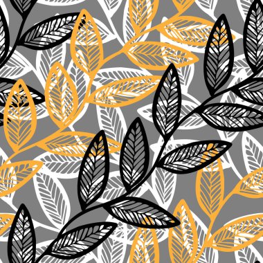 Siyah beyaz ve sarı karalamaların vektör çizimi gri bir arkaplanda izole edilmiş, kusursuz çapraz desen