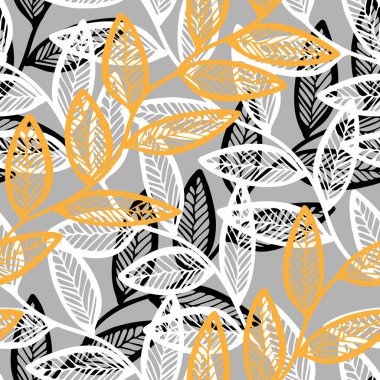 Siyah beyaz ve sarı karalamaların vektör çizimi gri bir arkaplanda izole edilmiş, kusursuz çapraz desen