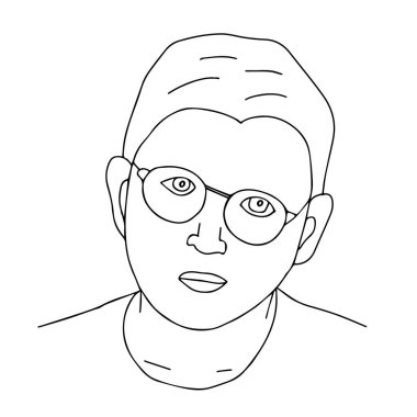 Boyama kitabı için beyaz bir arkaplanda izole edilmiş gözlüklü zeki bir çocuğun el çizimi güzel bir tasviri.