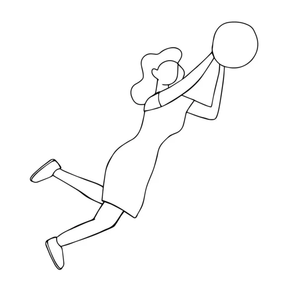 白地に孤立したボールを持つ少女の美しい手描きベクトルイラスト — ストックベクタ