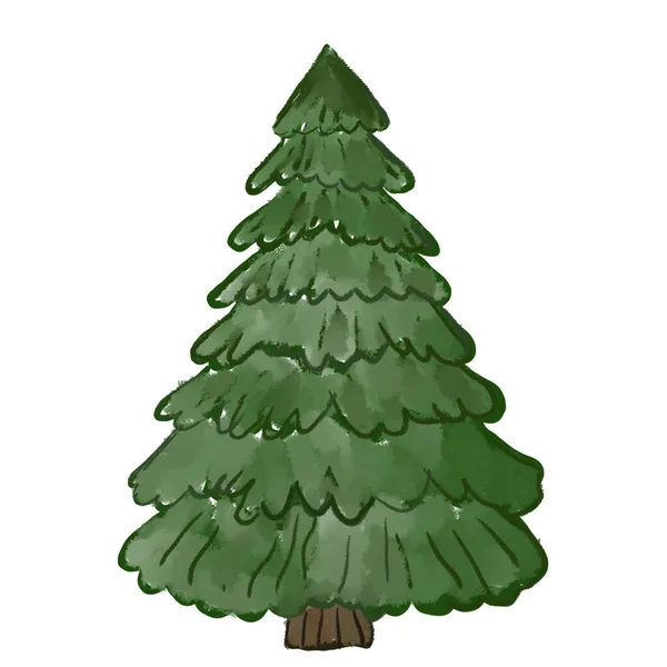Green Hand Drawing Illustration Carved Christmas Fir Tree Isolated White — Stock Photo, Image