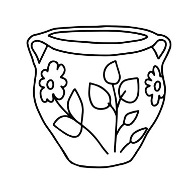 Beyaz arka planda izole edilmiş çiçekler için kil çiçek vazosunun Siyah Vektör çizimi