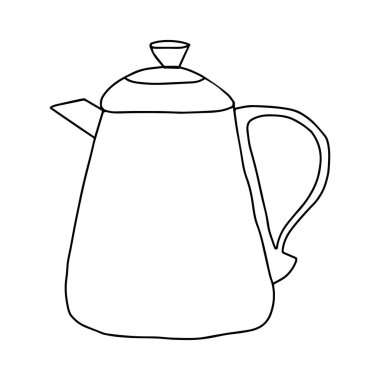 Siyah bir el, çay ya da beyaz arka planda izole edilmiş kahve için sıcak suyu olan metal bir su ısıtıcısını çiziyor.