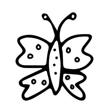 Bir kelebeğin el çizimi bir siyah vektör çizimi beyaz arka planda uçuyor.