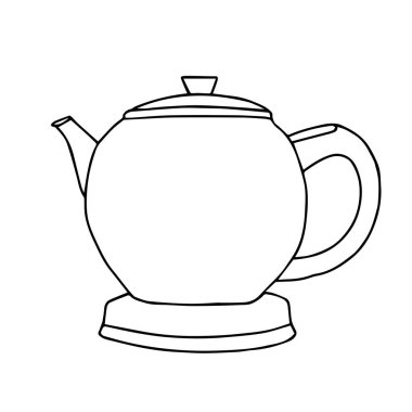 Siyah bir el, çay ya da beyaz arka planda izole edilmiş kahve için sıcak suyu olan metal bir su ısıtıcısını çiziyor.