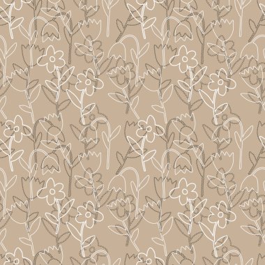 Bej bir arka planda izole edilmiş çiçek buketi ve lale çiçeklerinin siyah-beyaz bir Vektör çizimi. Kusursuz desen