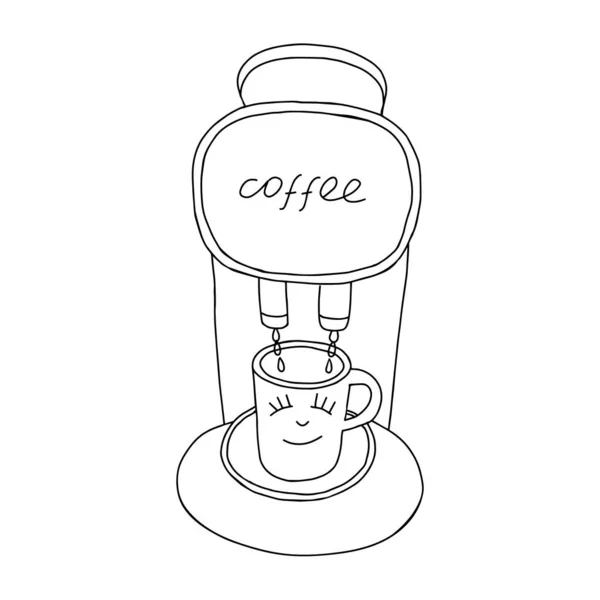 Eine Schwarze Handgezeichnete Illustration Einer Kapselkaffeemaschine Die Kaffee Mit Tasse — Stockvektor