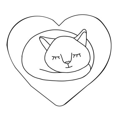Bir El çizilmiş siyah vektör çizimi güzel bir yetişkin kedinin portresi beyaz arka planda kalp şeklinde bir yastıkta uyuyor.