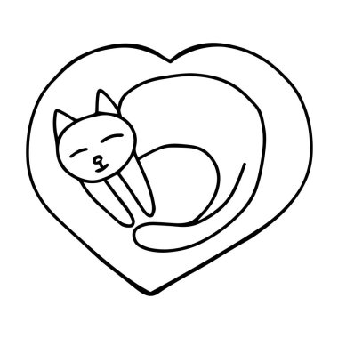 Bir El çizilmiş siyah vektör çizimi güzel bir yetişkin kedinin portresi beyaz arka planda kalp şeklinde bir yastıkta uyuyor.