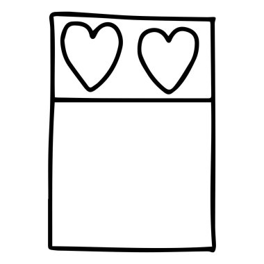 Siyah Vektör çizgisi, beyaz arka planda izole edilmiş iki kalp şeklinde yastığı olan çift kişilik bir yatağın tasviri.