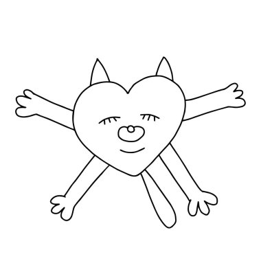 Bir El çizilmiş siyah vektör illüstrasyonunda uyuyan genç ve güzel bir kedinin portresi kalp şeklinde uyur. beyaz arkaplanda yastık