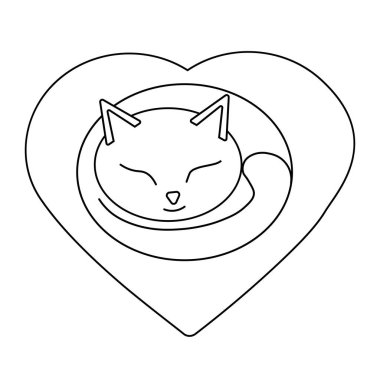 Bir El çizilmiş siyah vektör çizimi güzel bir yetişkin kedinin portresi beyaz arka planda kalp şeklinde bir yastıkta uyuyor.