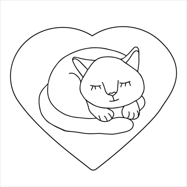 手描きの黒いベクターイラスト美しい楽しい大人の若い猫の肖像画は 白い背景に心臓型の枕で眠っています — ストックベクタ