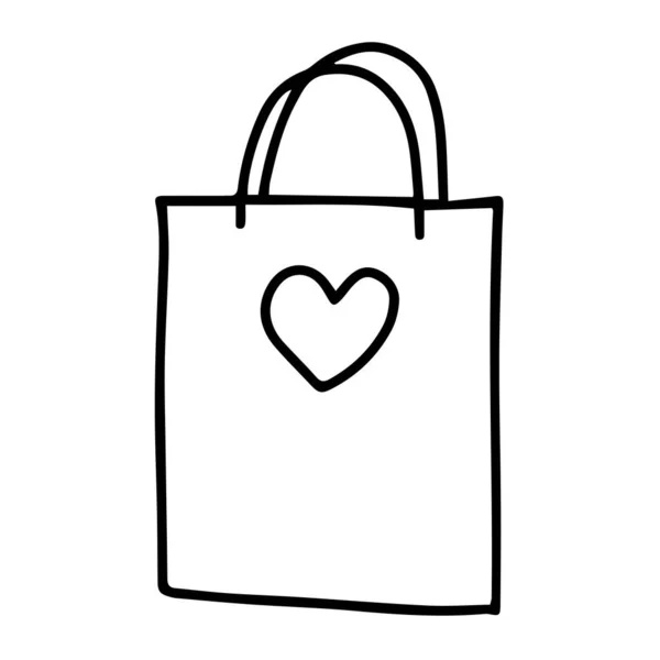 Beautiful Hand Drawing Black Vector Bag Shopping Heart Isolated White — Stock Vector
