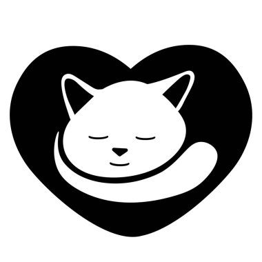 Bir El çizilmiş siyah vektör çizimi güzel bir yetişkin kedinin portresi beyaz arka planda kalp şeklinde bir yastıkta uyuyor.