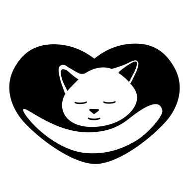 Bir El çizilmiş siyah vektör çizimi güzel bir yetişkin kedinin portresi beyaz arka planda kalp şeklinde bir yastıkta uyuyor.