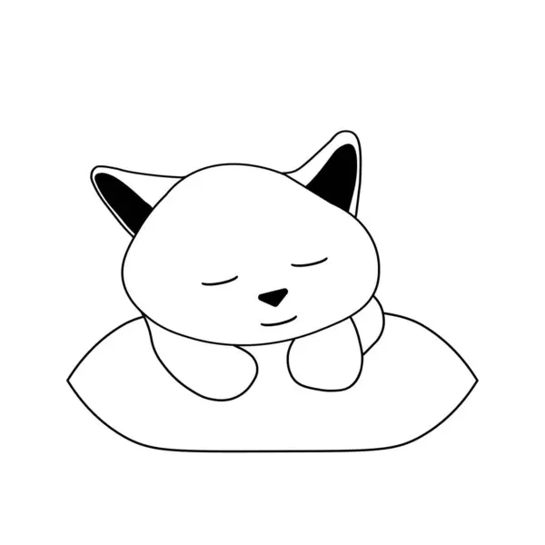 手描きの黒いベクターイラスト美しい楽しい大人の若い猫の肖像画は白い背景の枕で眠っています — ストックベクタ
