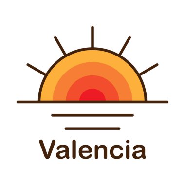 Gün batımında, beyaz arka planda Valencia harfleriyle izole edilmiş turuncu eğimli güneşin bir temsili.
