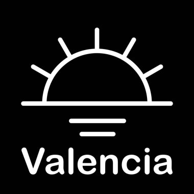Güneşin güneş batarken, siyah bir arkaplanda Valencia harfleriyle izole edilmiş beyaz bir yansıması.