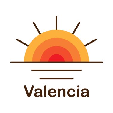 Gün batımında, beyaz arka planda Valencia harfleriyle izole edilmiş turuncu eğimli güneşin bir temsili.