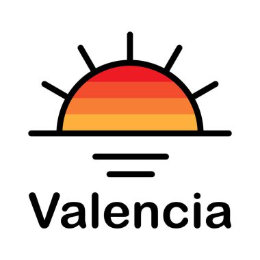 Gün batımında, beyaz arka planda Valencia harfleriyle izole edilmiş turuncu eğimli güneşin bir temsili.