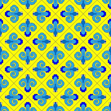 Sarı arka planda izole edilmiş, mavi soyut geometrik şekillerin vektörsüz deseni