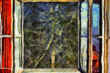 Sonbahar sabahında açık pencerenin çizimi. Sonbahar sabahında orman manzaralı açık pencere