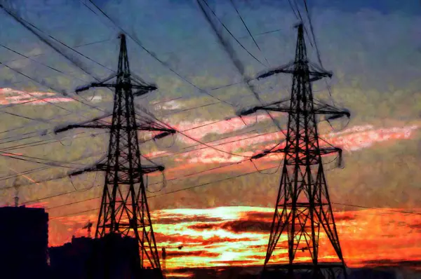 An Illustration of Black power line is on the blue sky background with pink and orange and yellow clouds at the sunset