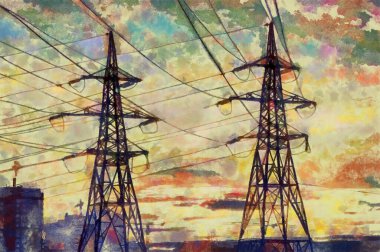 Günbatımında mavi gökyüzü arka planında pembe, turuncu ve sarı bulutlarla siyah elektrik hattının bir tasviri var.