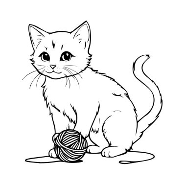 Çocuklar için boyama kitabı için beyaz arka planda bir iplik yumağıyla oynayan komik kedinin el çizimi güzel bir vektör çizimi
