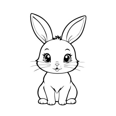 Çocuklar için boyama kitabı için beyaz arka planda oturan komik tavşanın el çizimi güzel bir tasviri.