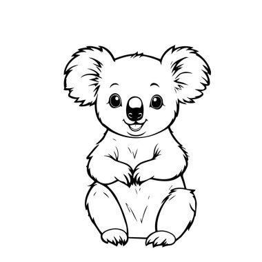Bir El, çocuklar için boyama kitabı için beyaz bir arkaplanda izole edilmiş güzel, mutlu bir koalanın siyah vektör çizimi