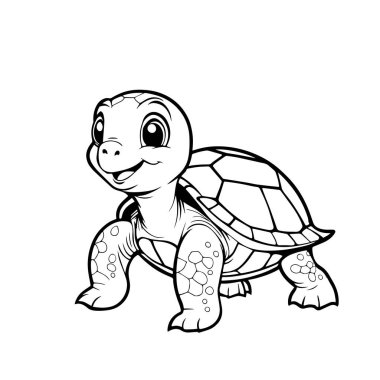 Bir El, çocuklar için boyama kitabı için beyaz bir arkaplanda izole edilmiş güzel mutlu bir kaplumbağanın siyah vektör çizimi