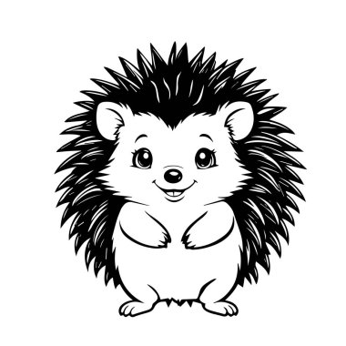 Bir El, çocuklar için boyama kitabı için beyaz bir arkaplanda izole edilmiş güzel, mutlu bir kirpinin siyah vektör çizimi