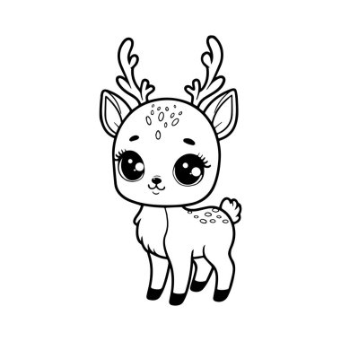 Bir El, çocuklar için boyama kitabı için beyaz arka planda izole edilmiş güzel, mutlu bir geyiğin siyah vektör çizimi.
